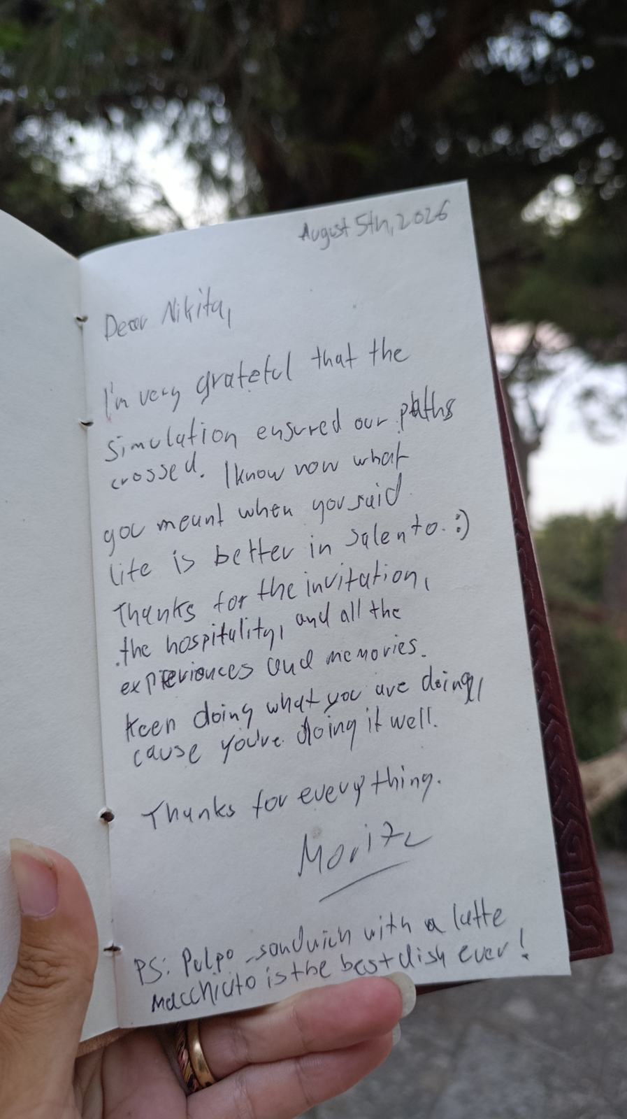 Handwritten guestbook letter from Moritz to Nikita, dated August 5th 2026